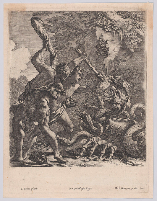 Bức tranh “Hercules and the Hydra” (Hercules và Hydra) năm 1651, của họa sỹ Michel Dorigny phỏng theo tác phẩm của danh họa Simon Vouet. Bảo tàng Nghệ thuật Metropolitan, New York. (Ảnh: Tư liệu công cộng)
