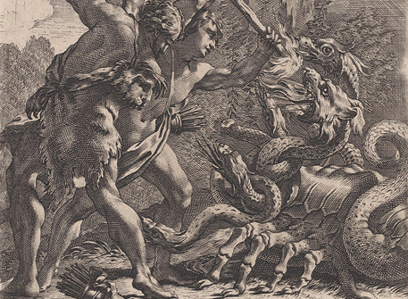 Cận cảnh bức tranh “Hercules and the Hydra” (Hercules và Hydra) năm 1651, của họa sỹ Michel Dorigny phỏng theo tranh của danh họa Simon Vouet. Bảo tàng Nghệ thuật Metropolitan, New York. (Ảnh: Tư liệu công cộng)