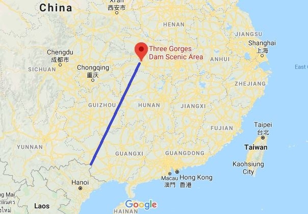 Đập Tam Hiệp cách khá xa biên giới với Việt Nam. (Ảnh: Google Maps)