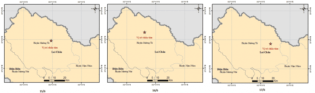 Vị trí chấn tâm động đất tại Lai Châu từ ngày 15-17/6 (Nhấp vào hình để phóng lớn). (Nguồn: igp-vast.vn)