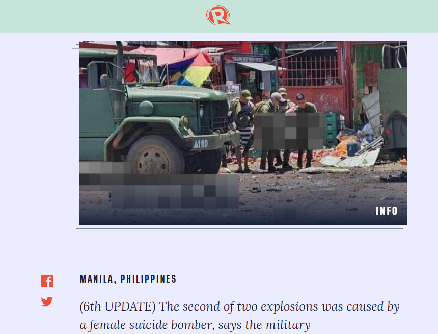 Vụ nổ thứ hai trong số hai vụ nổ do một nữ đánh bom liều chết gây ra tại Philippines. (Ảnh chụp màn hình rappler.com)