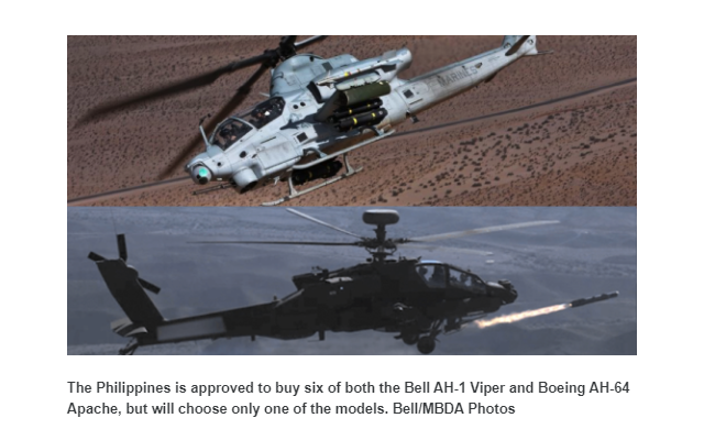 Philippines được chấp thuận mua 6 chiếc Bell AH-1 Viper và Boeing AH-64 Apache, nhưng sẽ chỉ chọn một trong số các mẫu này. (Ảnh Bell / MBDA / chụp màn hình qua Verticalmag)