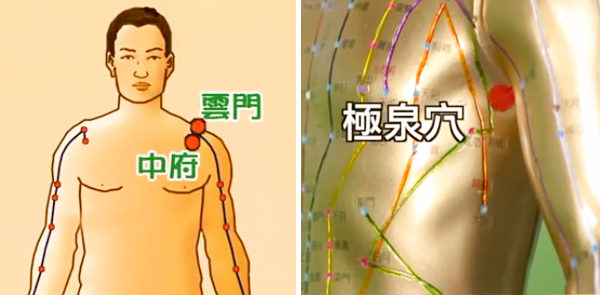 Các huyệt vị được sử dụng trong cách cấp cứu CPR của Trung Y: Vân Môn, Trung Phủ là các huyệt của phế kinh, huyệt Cực Tuyền là huyệt vị của tâm kinh (Ảnh chụp màn hình video/ Epoch Times tổng hợp)