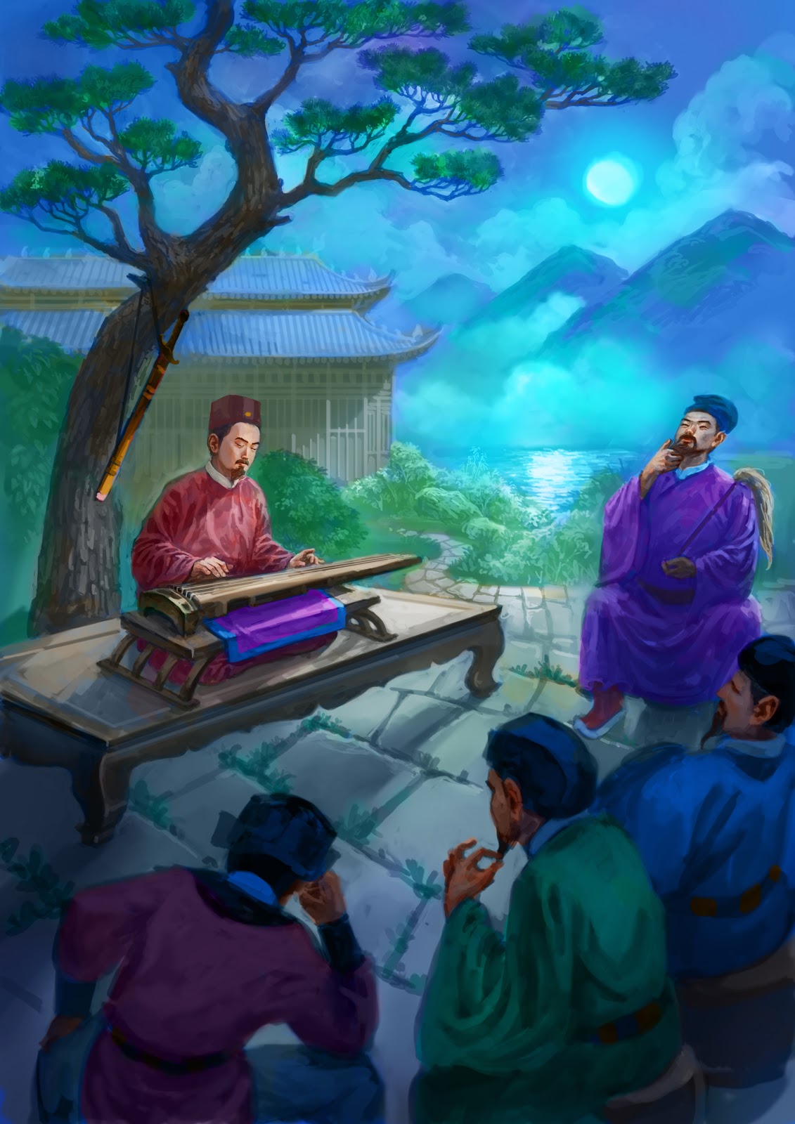 Tranh minh họa Chiêu Văn Vương Trần Nhật Duật đánh đàn ở vương phủ. (Ảnh họa sĩ ML)