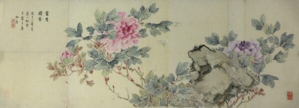 Một tác phẩm đã hoàn thiện “Thịnh vượng và Hương thơm” của Taki Katei. Giấy, bột màu và mực in; 39.4 x 112.4cm. (Ảnh Keith Sweeney / Bảo tàng Quốc gia)
