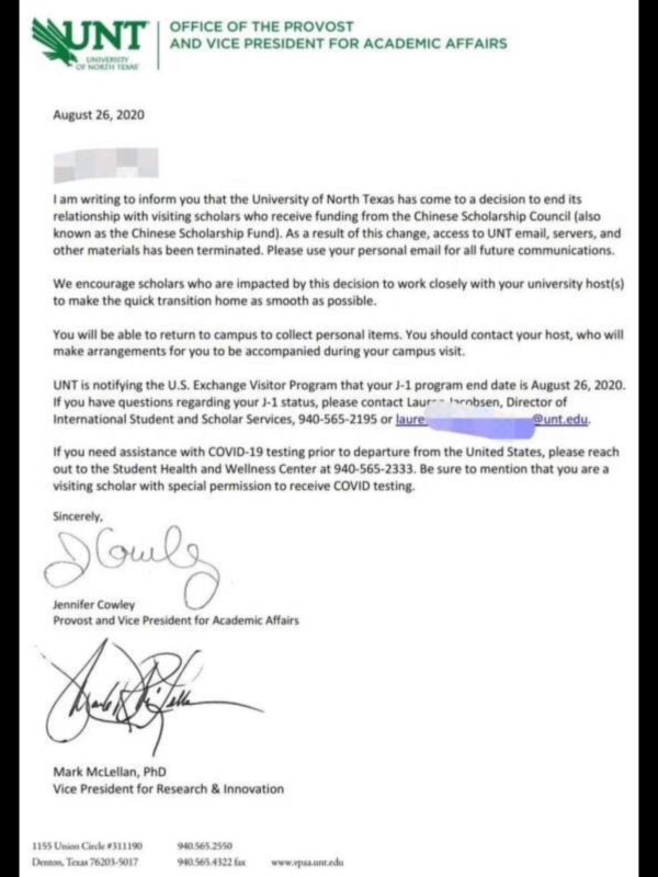 Bản sao của bức thư của Đại học Bắc Texas gửi đến các học giả tham cứu thuộc chương trình học bổng do Trung Cộng tài trợ. (Ảnh được cung cấp cho The Epoch Times)