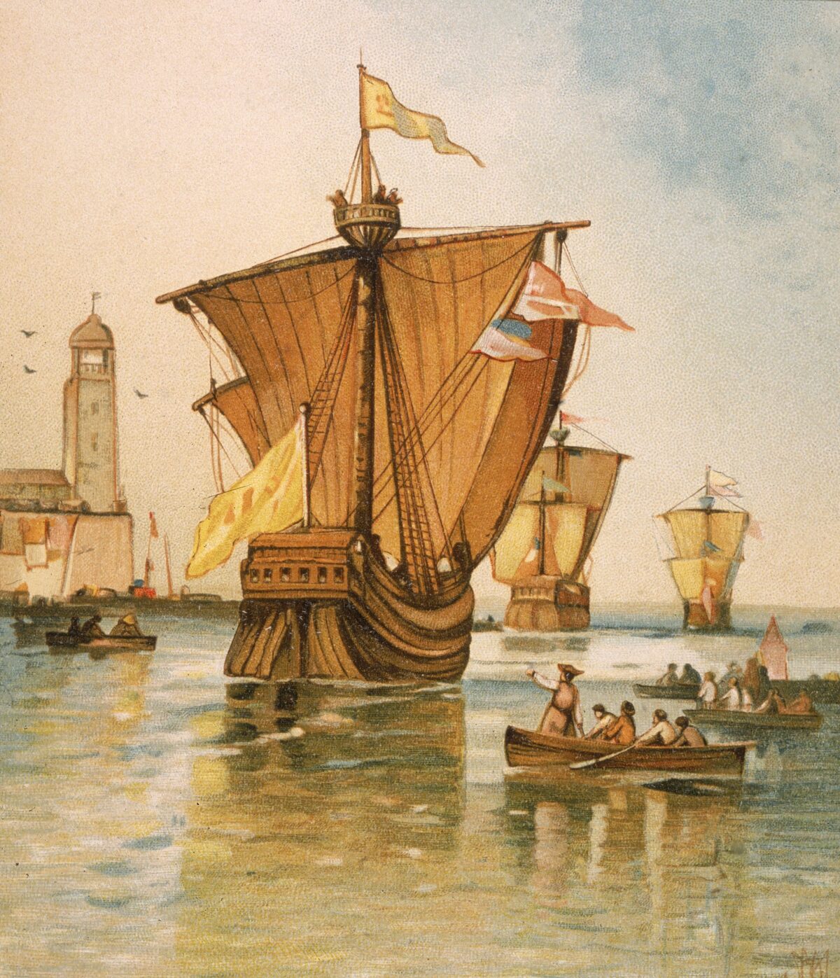 Hình minh họa mô tả hạm đội của nhà thám hiểm người Ý Christopher Columbus khởi hành từ Tây Ban Nha vào ngày 3/8/1492. (Kean Collection/Getty Images)