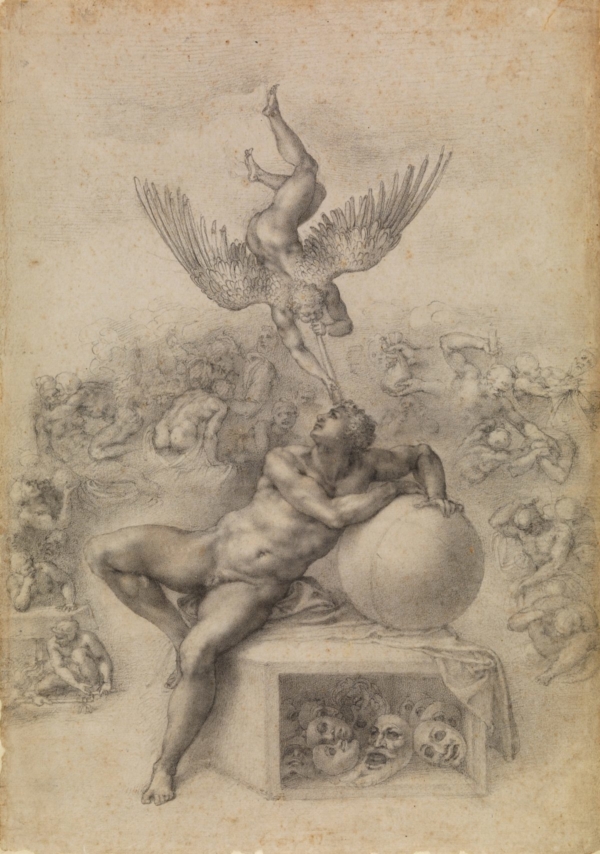 “Il Sogno (Giấc mơ), ”vào khoảng những năm 1530”, Michelangelo Buonarroti, tranh phấn đen, 39 x 28cm. (London, Phòng trưng bày Courtauld, Prince Gate bequest)