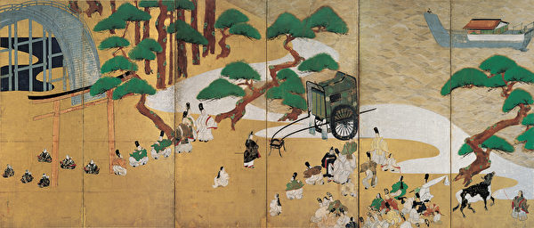 Chủ đề thứ nhất được vẽ trong sáu tấm bình phong trong tác phẩm "Truyện kể về Genj, phần Quan Ốc - hình nhân vật Mio Tsukushi" của tác giả Tawaraya Sōtatsu, vẽ năm 1631. (Tranh do viện bảo tàng nghệ thuật NewYork cung cấp)