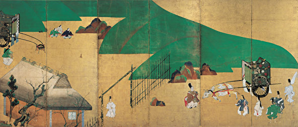 Chủ đề thứ hai được vẽ trong sáu tấm bình phong trong tác phẩm "Truyện kể về Genj, phần Quan Ốc - hình nhân vật Mio Tsukushi" của tác giả Tawaraya Sōtatsu, vẽ năm 1631 (Tranh do viện bảo tàng nghệ thuật NewYork cung cấp)