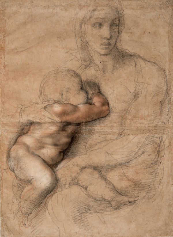 Bức họa chưa hoàn thành về Madonna và Chúa Hài Đồng , 1525–1530, Michelangelo Buonarroti; 54 x 40cm, tranh vẽ phần đỏ và đen, bột màu trắng, tô bóng nâu (Ảnh: Casa Buonarroti, Florence)