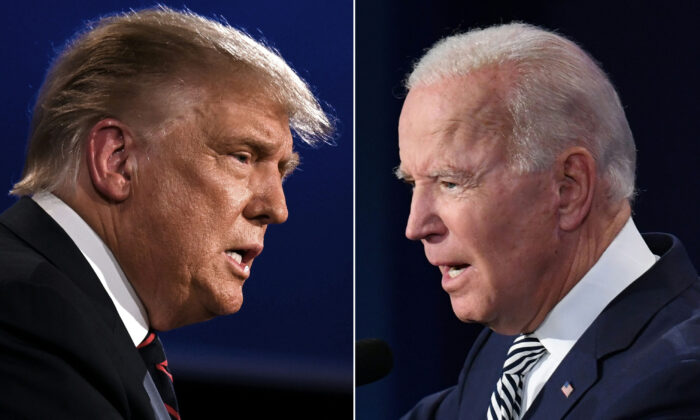 Tổng thống Donald Trump và ứng cử viên Tổng thống của Đảng Dân Chủ, cựu Phó Tổng thống Joe Biden, đối đầu trong cuộc tranh luận tổng thống đầu tiên tại Trung tâm Y tế Cleveland, Đại học Case Western Reserve, ở Cleveland, Ohio, vào ngày 29/9/2020. (Ảnh Jim Watson, Saul Loeb/AFP qua Getty Images)