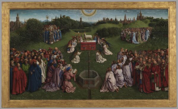 “The Adoration of the Mystic Lamb,” trong quá trình chỉnh sửa cuối cùng, cùng với khung được phục hồi của nó. (Ảnh KIK-IRPA / Lukasweb.be-Art in Flanders vzw)