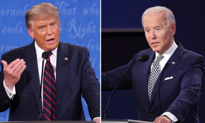 Tổng thống Donald Trump và ứng cử viên tổng thống của Đảng Dân Chủ Joe Biden tham gia cuộc tranh luận tổng thống đầu tiên tại Khuôn viên Giáo dục Sức khỏe của Đại học Case Western Reserve ở Cleveland, Ohio, vào ngày 29 tháng 9 năm 2020 (Ảnh Win McNamee-Scott Olson / Getty Images)