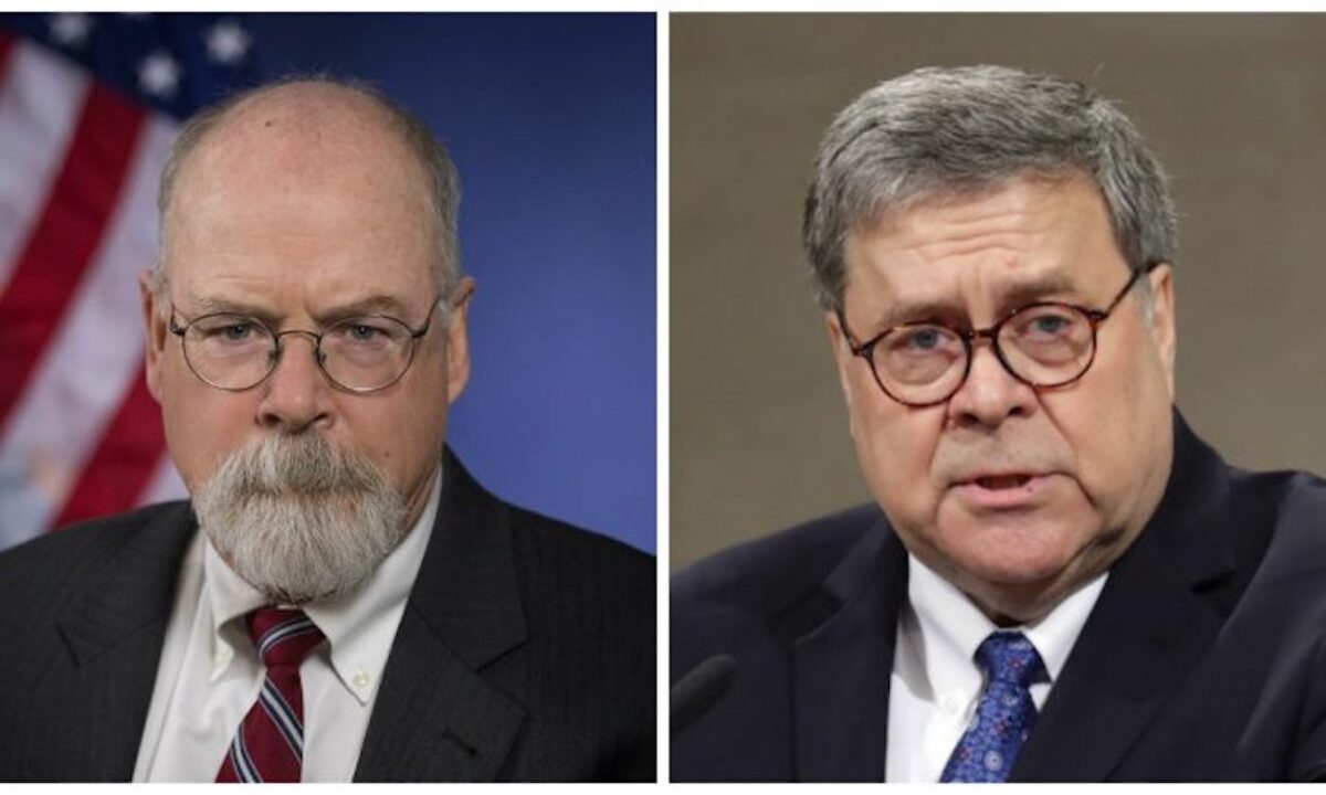 Luật sư Hoa Kỳ John Durham (Trái) (Ảnh Bộ Tư pháp) và Tổng chưởng lý William Barr (Phải) (Ảnh Chip Somodevilla / Getty)