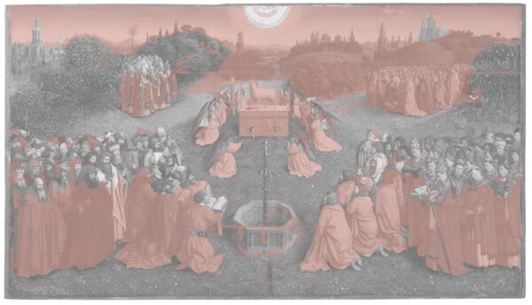 Bản đồ phục chế “The Adoration of the Mystic Lamb” với các phần bị sơn chồng được hiển thị bằng màu đỏ. Tất cả các lớp sơn thừa đã được loại bỏ trong quá trình bảo tồn, để lộ ra lớp sơn ban đầu của Van Eycks. (Ảnh KIK-IRPA, Brussels)