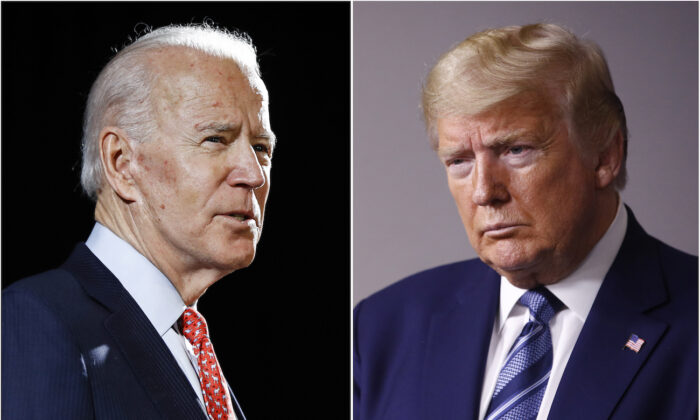 Trong sự kết hợp của các bức ảnh này, cựu Phó Tổng thống Joe Biden phát biểu tại Wilmington, Del., vào ngày 12 tháng 3 năm 2020 (trái) và Tổng thống Donald Trump phát biểu tại Nhà Trắng ở Washington, vào ngày 5 tháng 4 năm 2020. (Ảnh AP)