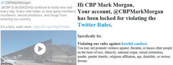 Ảnh chụp màn hình dòng tweet của @CBPMarkMorgan (trái) và email ông Morgan nhận được từ Twitter liên quan đến việc tài khoản của ông bị treo. (Ảnh Courtesy of Mark Morgan)
