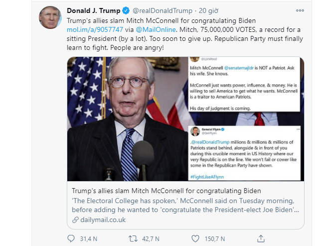 TT Trump nhắn cho ông Mitch McConnell