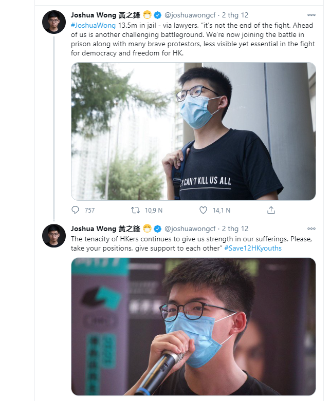 Nhà hoạt động Hồng Kông Joshua Wong bị kết án 13.5 tháng tù