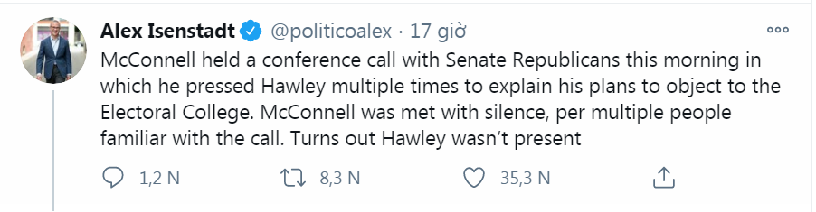 TNS Hawley quyết tâm phản đối kết quả của Đại cử tri
