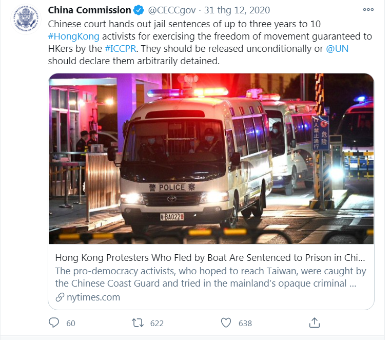Trung quốc bỏ tù các nhà hoạt động đan chủ Hồng Kông