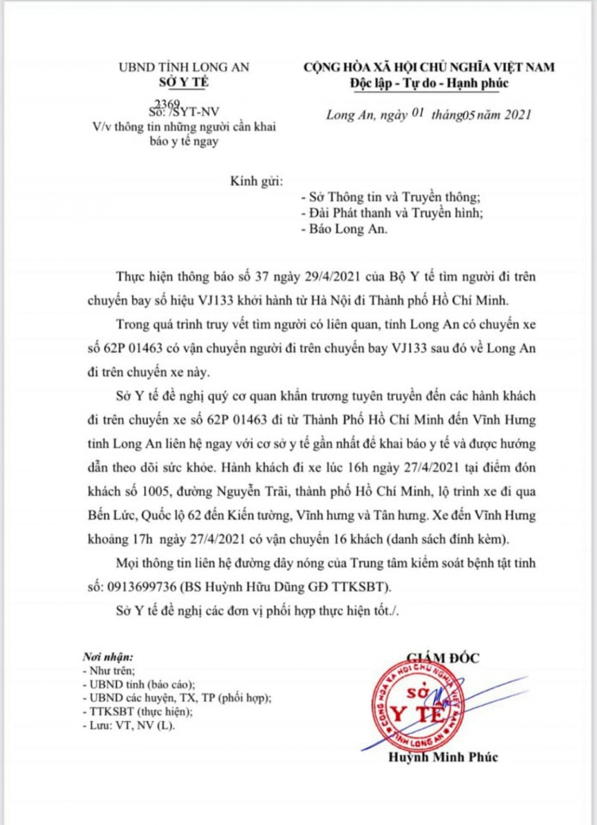 Long An thông báo khẩn