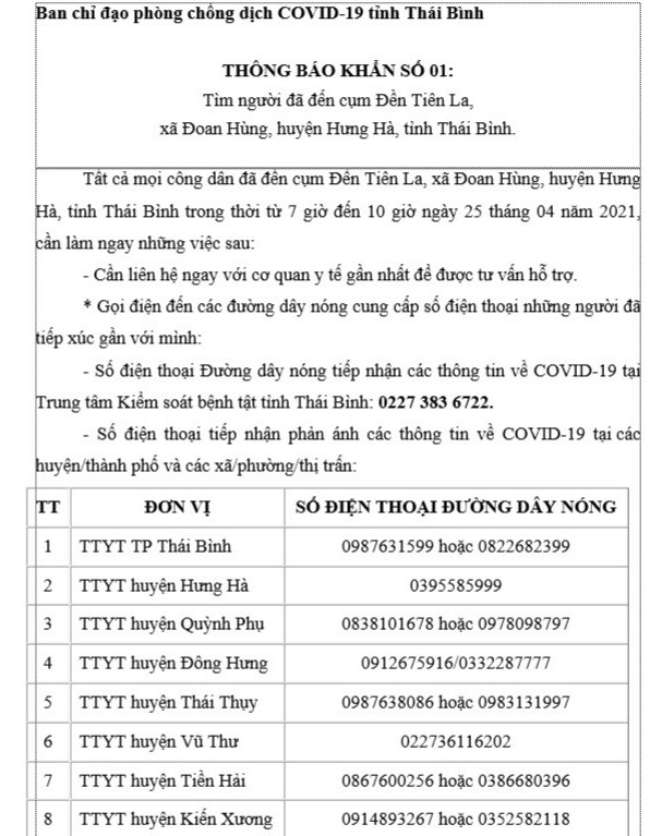 Thái Bình ra thông báo khẩn