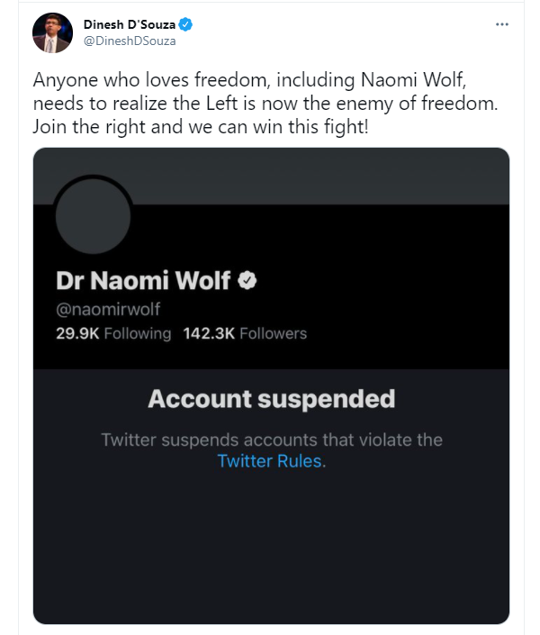 Bà Naomi Wolf bị cấm khỏi Twitter