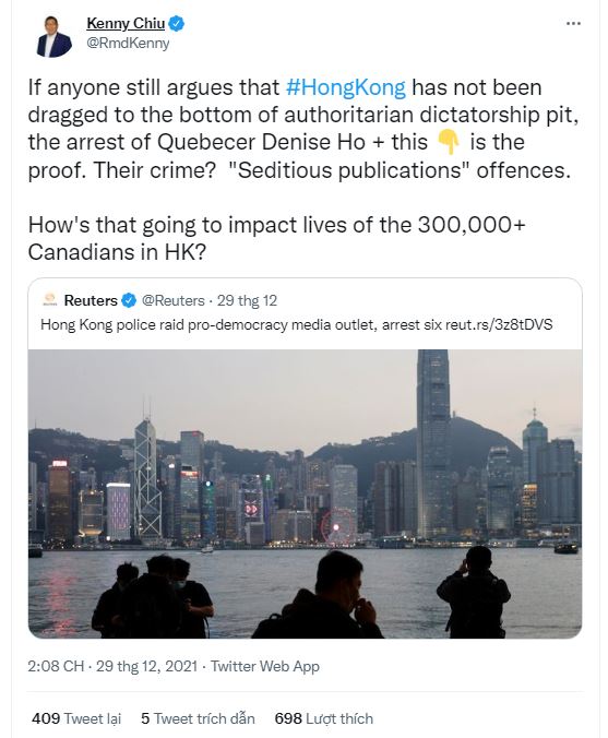 Ngoại trưởng Canada ‘lo ngại sâu sắc’ về vụ bắt giữ các nhà hoạt động ở Hồng Kông