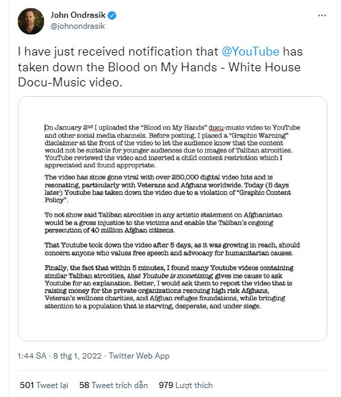 YouTube gỡ bỏ sau đó khôi phục một video chỉ trích cuộc rút quân khỏi Afghanistan