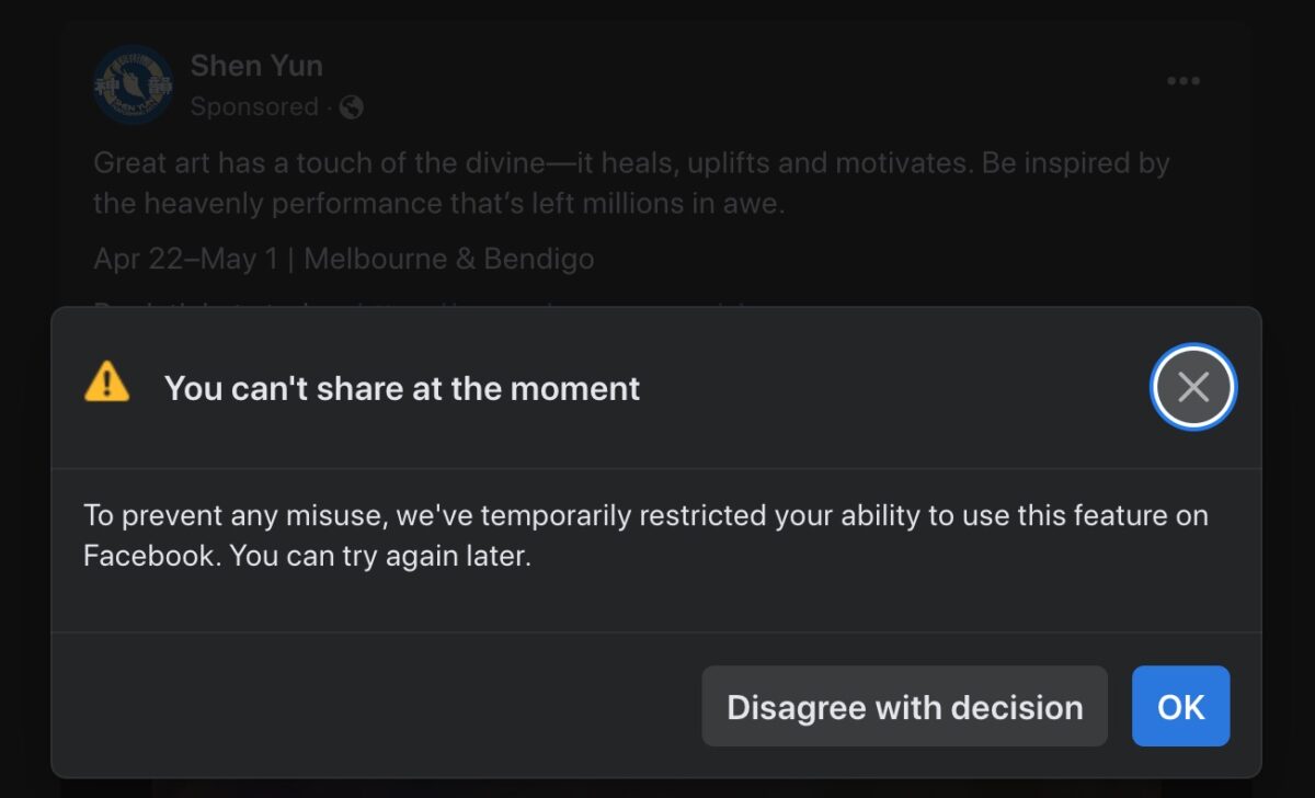 Facebook cho biết có ‘lỗi’ ngăn cản việc chia sẻ các quảng bá của Shen Yun