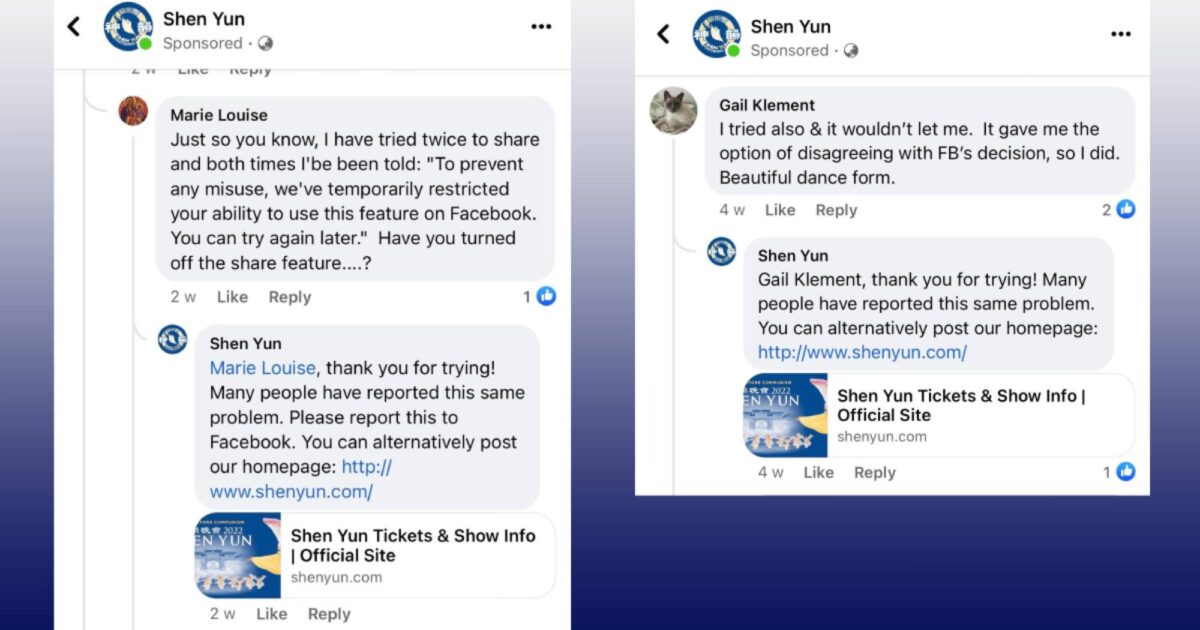 Facebook cho biết có ‘lỗi’ ngăn cản việc chia sẻ các quảng bá của Shen Yun