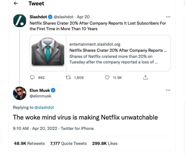 Tại sao ông Elon Musk lại xem sự sụt giảm cổ phiếu Netflix là do ‘virus tâm lý thức tỉnh’?