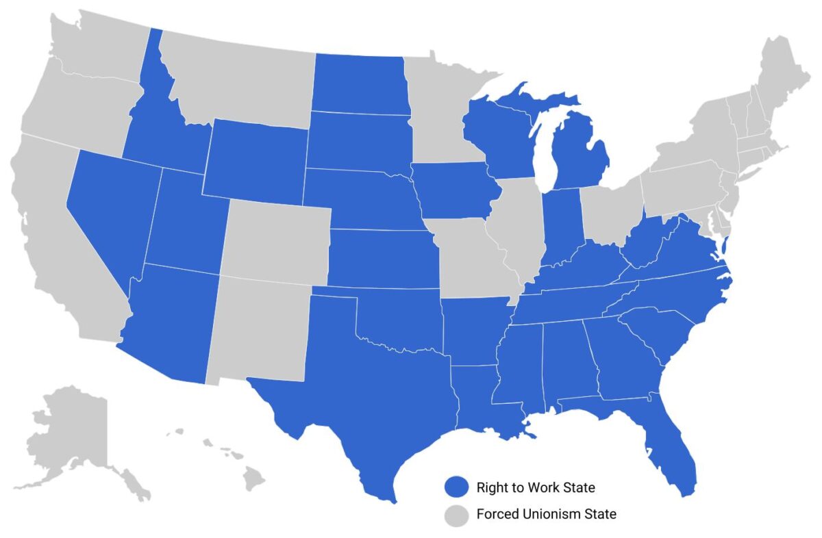 Các tiểu bang ủng hộ nghiệp đoàn mất 1 triệu việc làm cho các tiểu bang có luật bảo vệ quyền không vào nghiệp đoàn
