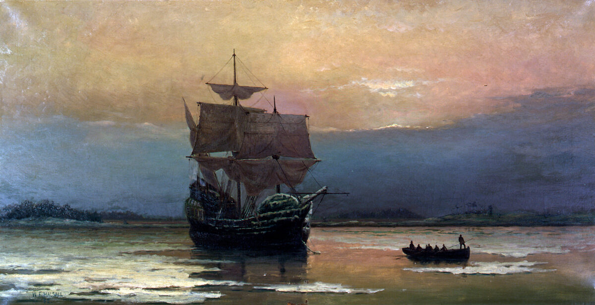 Tác phẩm “Tàu Mayflower cập Cảng Plymouth” của tác giả William Halsall, năm 1882. Tranh sơn dầu trên vải canvas. Bảo tàng Pilgrim Hall, Plymouth. (Ảnh: Tài sản công)