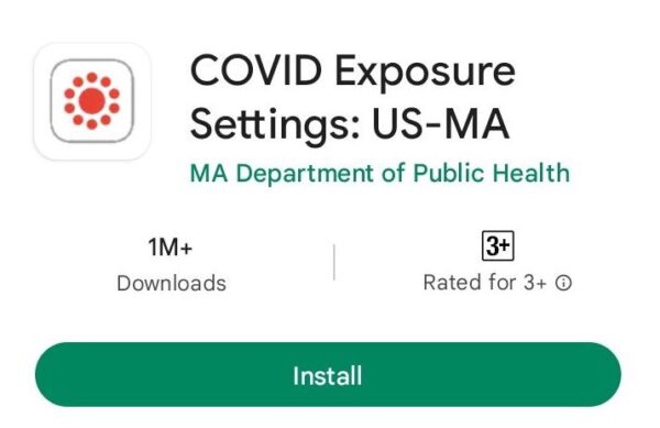 Ảnh chụp màn hình ứng dụng COVID Exposure Settings: Ứng dụng US-MA trên Cửa hàng Google Play, hôm 18/11/2022. (Ảnh chụp màn hình qua The Epoch Times)