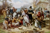 "Lễ Tạ Ơn đầu tiên" được miêu tả lại trong một bức tranh, dựa trên câu chuyện của tác giả Jane Austen khoảng 1912-1915,  vẽ bởi họa sĩ Jean Leon Gerome Ferris. Thư viện của Quốc hội. (Ảnh: Tài sản công)