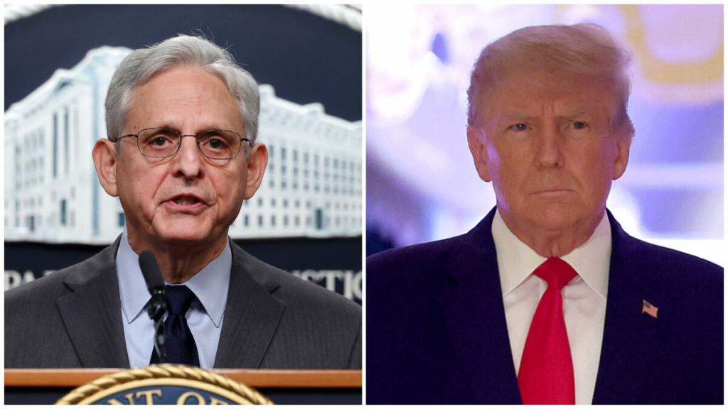 Tổng chưởng lý Merrick Garland (bên trái) nói chuyện trong một cuộc họp báo tại Bộ Tư pháp Hoa Kỳ ở Hoa Thịnh Đốn hôm 24/10/2022. (Ảnh: Kevin Dietsch/Getty Images); cựu Tổng thống Donald Trump (bên phải) tại một sự kiện tại dinh thự Mar-a-Lago của ông ở Palm Beach, Florida, hôm 15/11/2022. (Ảnh: Joe Raedle/Getty Images)