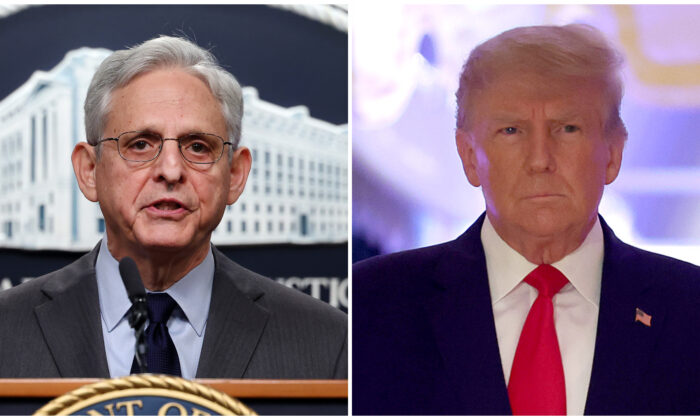 (Trái) Tổng chưởng lý Merrick Garland trình bày trong một cuộc họp báo tại Bộ Tư pháp Hoa Kỳ ở Hoa Thịnh Đốn hôm 24/10/2022. (Ảnh: Kevin Dietsch/Getty Images); (Phải) Cựu Tổng thống Donald Trump và cựu đệ nhất phu nhân Melania Trump đến dự một sự kiện tại tư dinh Mar-a-Lago của ông ở Palm Beach, Florida, hôm 15/11/2022. (Ảnh: Joe Raedle/Getty Images)