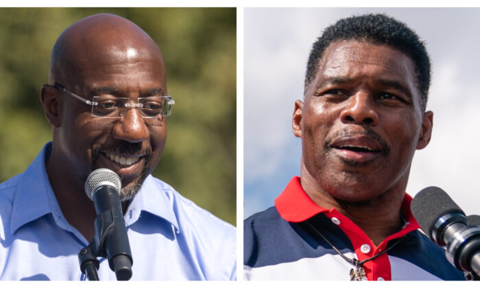 (Trái) Thượng nghị sĩ Raphael Warnock (Dân Chủ-Georgia) ở Columbus, Georgia, hôm 08/10/2022. (Ảnh: Megan Varner/Getty Images); (Phải) Ứng cử viên thượng nghị sĩ Đảng Cộng Hòa Georgia Herschel Walker ở Carrollton, Georgia, hôm 11/10/2022. (Ảnh: Elijah Nouvelage/Getty Images)