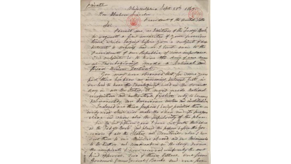 Bức thư năm 1863 của bà Sarah Josepha Hale gửi Tổng thống Lincoln thảo luận về Ngày Lễ Tạ Ơn. Thư viện của Quốc hội. (Ảnh: Tài sản công)