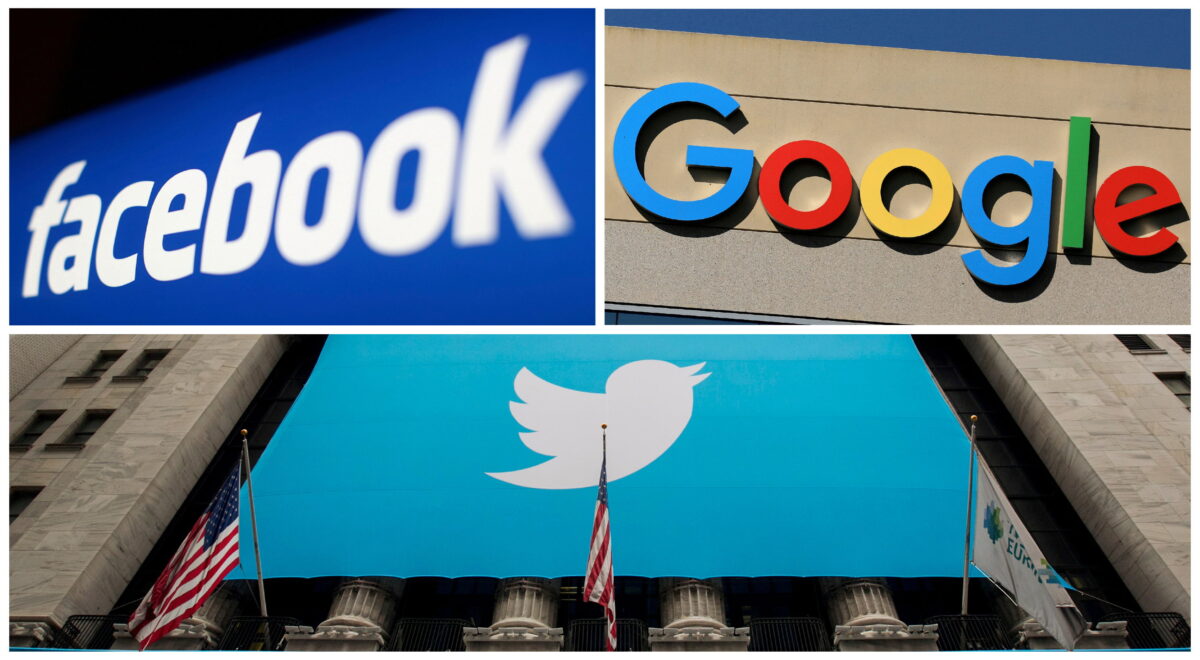 Logo của Facebook, Google, và Twitter được ghép vào trong cùng một bức ảnh. (Ảnh: Reuters)