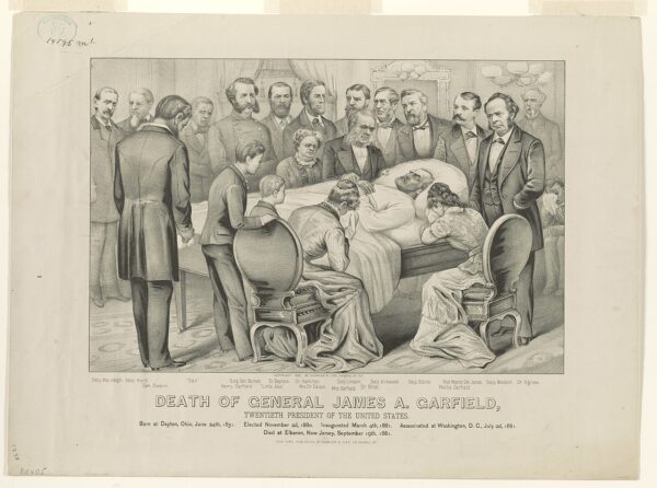 Một bản in thạch bản “Sự Qua Đời Của Tướng James A. Garfield: Tổng Thống Thứ 20 của Hoa Kỳ,” năm 1881. (Ảnh: Tài sản công)