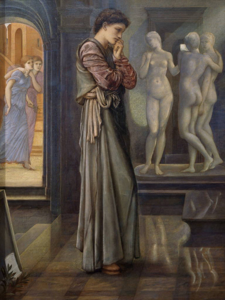 Ghê tởm bởi sự đồi bại của của các nàng Propoetides (bên trái), chàng Pygmalion chỉ chú tâm vào việc sáng tạo những tác phẩm nghệ thuật đẹp. Tác phẩm “Pygmalion và Bức Tranh – Điều Mong Muốn của Trái Tim,” năm 1878, do Sir Edward Burne-Jones thực hiện. Bảo Tàng Ủy Thác Birmingham. (Ảnh: Tài sản công)