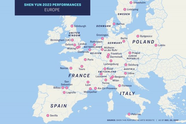 Số buổi biểu diễn ở Âu Châu mùa này tăng gấp đôi so với mùa trước và có mặt tại ít nhất 13 quốc gia trở lên và hơn 20 thành phố. (Ảnh: Trang web của Shen Yun, tính đến ngày 20/12/2022)