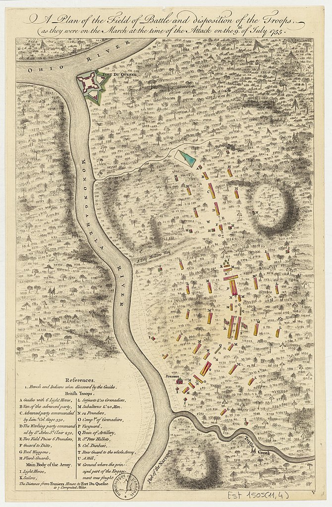 Một bản đồ trận chiến tại Sông Monongahela, mô tả sự bố trí binh lực vào thời điểm tấn công ngày 09/07/1755. (Ảnh: Tài sản công)