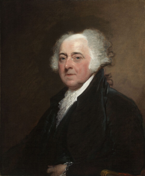 Bức chân dung tổng thống của ngài John Adams do họa sĩ Gilbert Stuart vẽ. Người họa sĩ này đã bắt đầu vẽ cả hai bức chân dung vào năm 1800 và mất 15 năm để hoàn thành. Ông John Quincy Adams đã bày tỏ cảm nghĩ của gia đình đối với việc chậm trễ của ông Stuart như sau: “Ông Stuart nghĩ rằng đặc quyền của một thiên tài là có thể xem thường các cam kết của chính mình.” (Ảnh: Tài sản công)