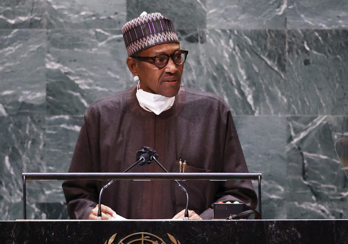 TT Nigeria Muhammadu Buhari nói trước Đại hội đồng Liên Hiệp Quốc hôm 24/09/2021, tại New York. (Ảnh: John Angelillo/Getty Images)