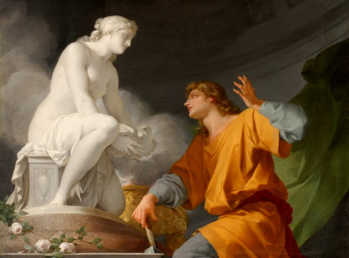 Tác phẩm “Chàng Pygmalion cầu nguyện trước Nữ thần Venus để ban sự sống cho bức tượng của chàng,” năm 1786, do họa sĩ Jean-Baptiste Regnault thực hiện. Tranh sơn dầu trên vải canvas. Cung Điện Versailles, nước Pháp. (Ảnh: Tài sản công)